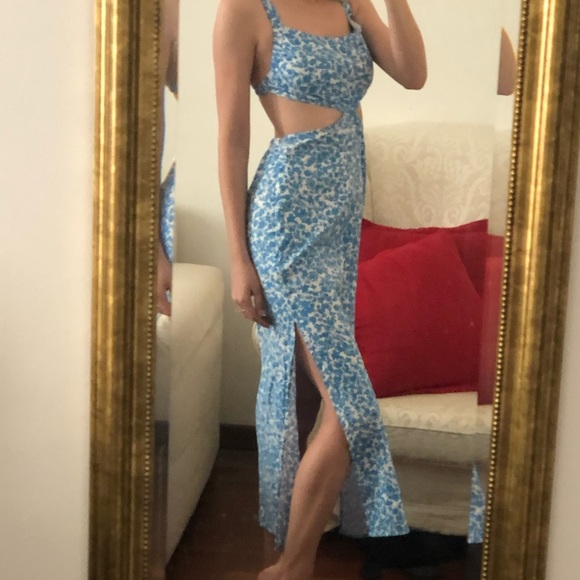 Zara Cutout Midi Linen Blend Dress Blue and White European Floral XS - Picture 2 of 10